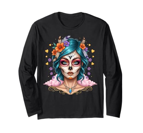 Buntes Totenkopf Damen Design – Mexikanischer Tag der Toten Langarmshirt von Mexikanische Skelett Kunst & Kultur Geschenkidee