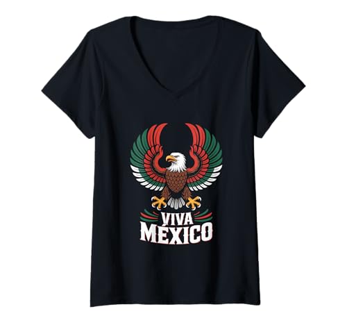 Damen Viva Mexico Mexikanischer Adler Mexiko Flagge Farben T-Shirt mit V-Ausschnitt Damen Viva Mexico Mexikanischer Adler Mexiko Flagge Farben T-Shirt mit V-Ausschnitt von Mexikanischer Adler Viva Mexico Mexiko Farben