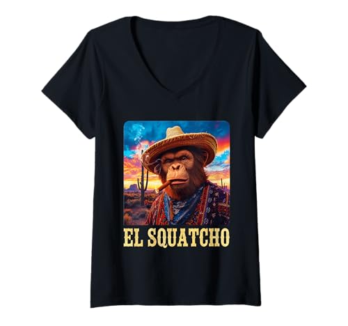 Damen Lustiger Bigfoot Sasquatch Und EL Squatcho T-Shirt mit V-Ausschnitt Damen Lustiger Bigfoot Sasquatch Und EL Squatcho T-Shirt mit V-Ausschnitt von Mexikanischer Western El Squatcho