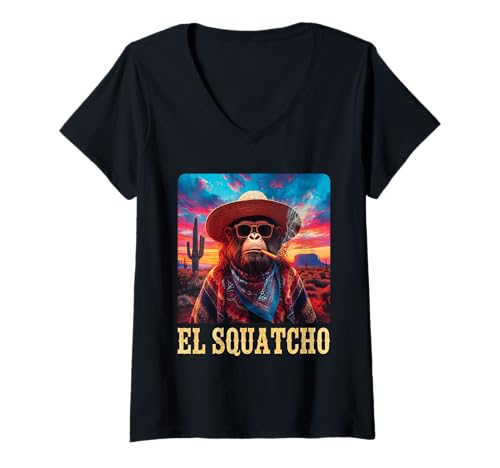 Damen Lustiger Bigfoot Sasquatch Und EL Squatcho T-Shirt mit V-Ausschnitt Damen Lustiger Bigfoot Sasquatch Und EL Squatcho T-Shirt mit V-Ausschnitt von Mexikanischer Western El Squatcho