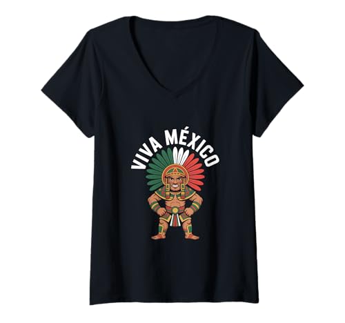 Damen Viva México Aztekischer Krieger Mit Trikolore Federschmuck T-Shirt mit V-Ausschnitt Damen Viva México Aztekischer Krieger Mit Trikolore Federschmuck T-Shirt mit V-Ausschnitt von Mexiko Azteke Krieger Adlerkrieger Patriot Flagge