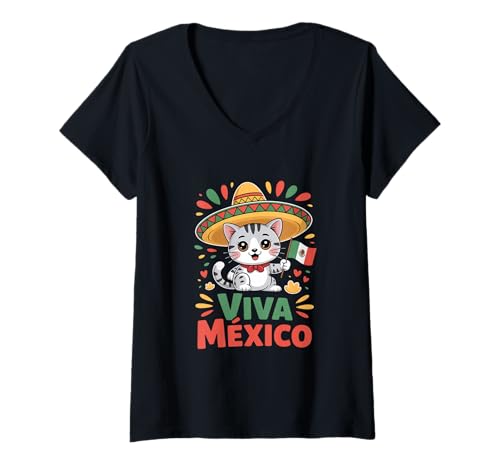 Damen Viva México Katze mit Sombrero und Mexiko Flagge T-Shirt mit V-Ausschnitt von Mexiko Fiesta Katze Sombrero Flagge Kultur