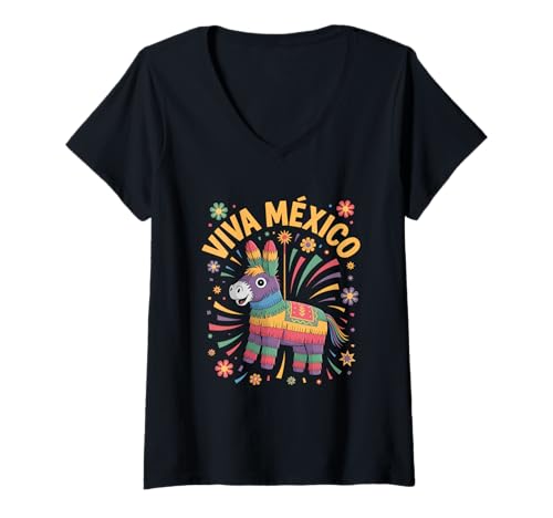 Damen Viva México Pinata Esel Mexiko Fiesta Feuerwerk T-Shirt mit V-Ausschnitt Damen Viva México Pinata Esel Mexiko Fiesta Feuerwerk T-Shirt mit V-Ausschnitt von Mexiko Fiesta Pinata Esel Folklore Mariachi Kultur