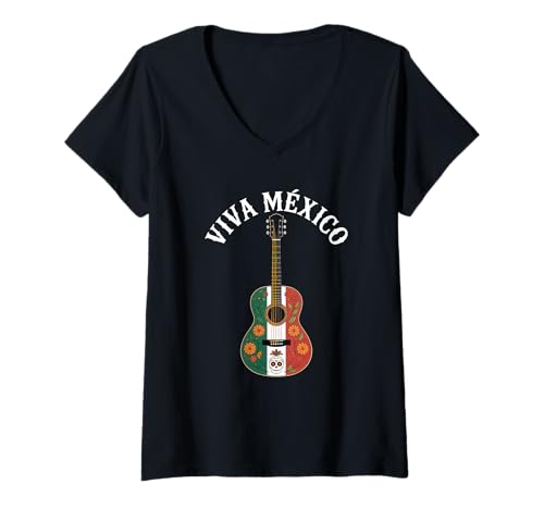 Damen Viva México Gitarre Mexiko Flagge Mariachi Calavera T-Shirt mit V-Ausschnitt Damen Viva México Gitarre Mexiko Flagge Mariachi Calavera T-Shirt mit V-Ausschnitt von Mexiko Flagge Gitarre Mariachi Calavera Fiesta