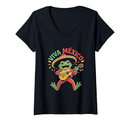 Damen Viva México Mariachi Frosch Sombrero Fiesta Musik T-Shirt mit V-Ausschnitt Damen Viva México Mariachi Frosch Sombrero Fiesta Musik T-Shirt mit V-Ausschnitt von Mexiko Frosch Sombrero Mariachi Fiesta Kultur