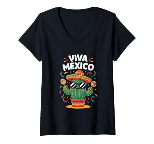 Damen Viva Mexico Kaktus Sombrero Maracas Fiesta Cinco De Mayo T-Shirt mit V-Ausschnitt Damen Viva Mexico Kaktus Sombrero Maracas Fiesta Cinco De Mayo T-Shirt mit V-Ausschnitt von Mexiko Kaktus Sombrero Maracas Fiesta Mariachi