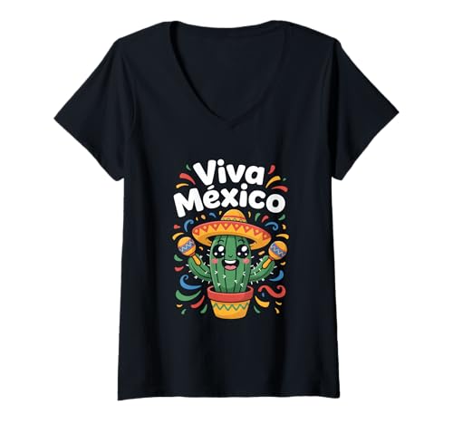 Damen Viva México Kaktus Mit Sombrero Und Maracas Fiesta T-Shirt mit V-Ausschnitt Damen Viva México Kaktus Mit Sombrero Und Maracas Fiesta T-Shirt mit V-Ausschnitt von Mexiko Kaktus Sombrero Maracas Fiesta Volksfest