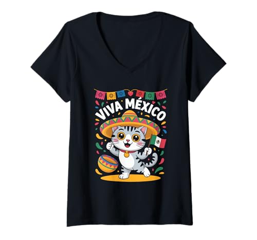 Damen Viva México Katze Sombrero Mexiko Flagge Fiesta T-Shirt mit V-Ausschnitt Damen Viva México Katze Sombrero Mexiko Flagge Fiesta T-Shirt mit V-Ausschnitt von Mexiko Katze Sombrero Fiesta Flagge Konfetti