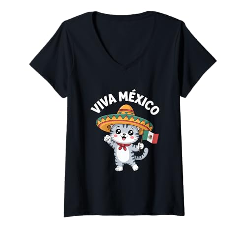 Damen Viva México Katze Mit Sombrero Und Flagge Fiesta T-Shirt mit V-Ausschnitt Damen Viva México Katze Mit Sombrero Und Flagge Fiesta T-Shirt mit V-Ausschnitt von Mexiko Katze Sombrero Flagge Fiesta Fans