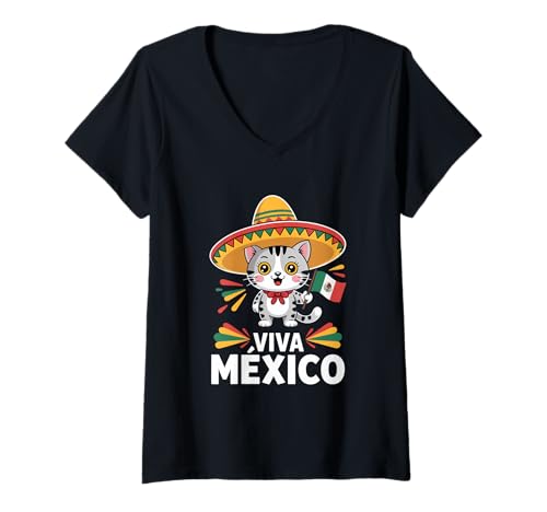 Damen Viva Mexico Niedliche Katze Mit Sombrero Und Flagge T-Shirt mit V-Ausschnitt Damen Viva Mexico Niedliche Katze Mit Sombrero Und Flagge T-Shirt mit V-Ausschnitt von Mexiko Katze Sombrero Flagge Fiesta Motiv