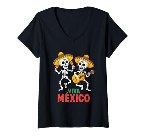 Damen Viva México Sombrero Skelette Mariachi Fiesta Mexiko T-Shirt mit V-Ausschnitt von Mexiko Kultur Dia De Los Muertos Skelette