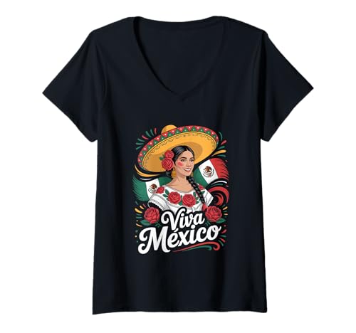 Damen Viva México Mexikanerin Mit Sombrero Rosen Und Flaggen T-Shirt mit V-Ausschnitt Damen Viva México Mexikanerin Mit Sombrero Rosen Und Flaggen T-Shirt mit V-Ausschnitt von Mexiko Kultur Sombrero Folklore Flagge Fiesta