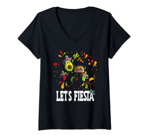 Damen Let's Fiesta Tacos Avocado Burritos Mexikanische Sombrero T-Shirt mit V-Ausschnitt von Mexiko Liebhaber Nachos Jalapenos Latinos Pinata