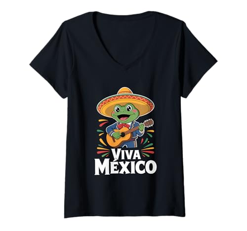 Damen Viva Mexico Mariachi Frosch Mit Sombrero Und Gitarre T-Shirt mit V-Ausschnitt von Mexiko Mariachi Frosch Sombrero Fiesta Musik
