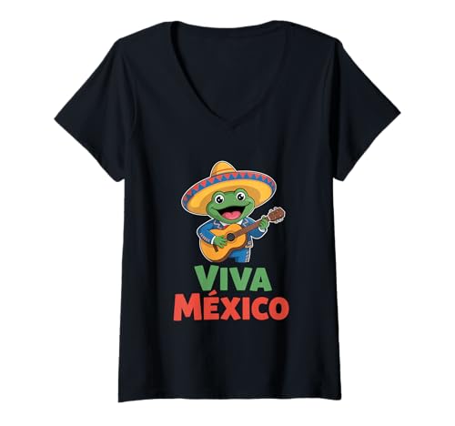 Damen Viva México Mariachi Frosch Mit Sombrero Und Gitarre T-Shirt mit V-Ausschnitt Damen Viva México Mariachi Frosch Mit Sombrero Und Gitarre T-Shirt mit V-Ausschnitt von Mexiko Sombrero Frosch Mariachi Gitarre Fiesta