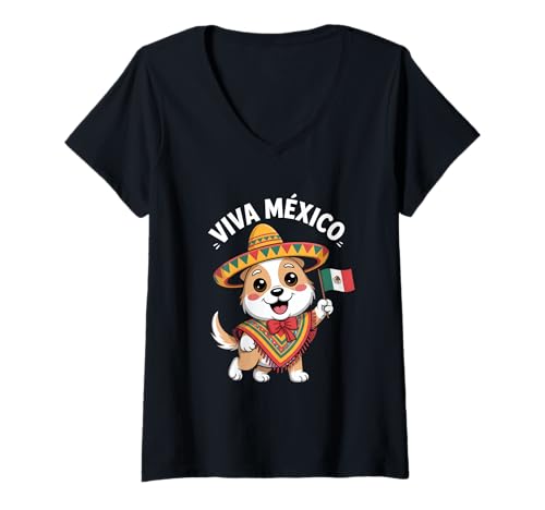 Damen Viva México Niedlicher Hund Mit Sombrero Und Flagge T-Shirt mit V-Ausschnitt Damen Viva México Niedlicher Hund Mit Sombrero Und Flagge T-Shirt mit V-Ausschnitt von Mexiko Sombrero Hund Poncho Flagge Fiesta