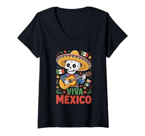 Damen Viva Mexico Skelett Mariachi Mit Sombrero Mexiko Fiesta T-Shirt mit V-Ausschnitt Damen Viva Mexico Skelett Mariachi Mit Sombrero Mexiko Fiesta T-Shirt mit V-Ausschnitt von Mexiko Tag Der Toten Mariachi Sombrero Fiesta