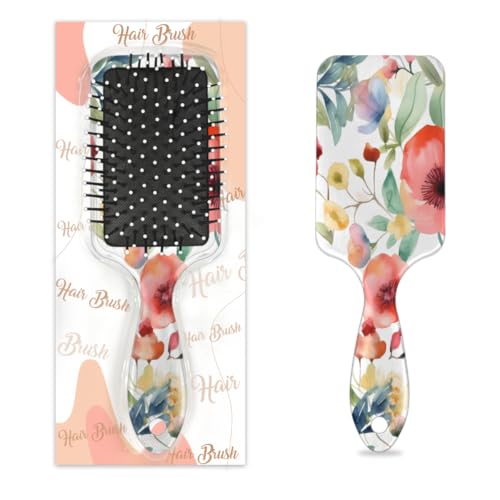 Antistatischer Massage-Haarkamm, Luftkissen, Haarbürste, Aquarell-Blumen und grüne Pflanzen, Kunstwerkdruck, quadratische Kopfhaut-Massagebürste für Frauen und Mädchen von Mexpekil