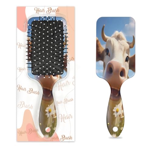 Antistatischer Massage-Haarkamm, Luftkissen, Haarbürste, Bauernhaus, lustiges Rind, Tier, Blume, rustikales Muster, quadratische Kopfhaut-Massagebürste für Frauen und Mädchen von Mexpekil
