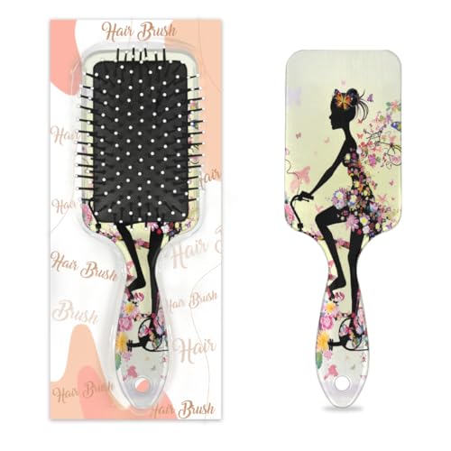 Antistatischer Massage-Haarkamm, Luftkissen, Haarbürste, Mädchen, Silhouette, Fahrrad, mit buntem Blumenmuster und Schmetterling, quadratische Kopfhaut-Massagebürste für Frauen und Mädchen von Mexpekil