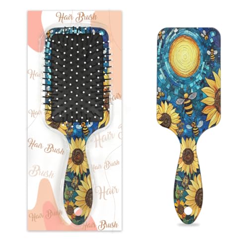 Antistatischer Massage-Haarkamm, Luftkissen, Haarbürste, Sonnenblumen, Bienen, Mond, abstrakt, quadratische Kopfhaut-Massagebürste für Frauen und Mädchen von Mexpekil