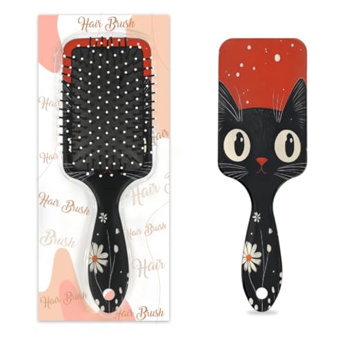 Antistatischer Massage-Haarkamm, Luftkissen, Haarbürste, Weihnachten, schwarze Katze, rote Blumen, Schnee, quadratische Kopfhaut-Massagebürste für Frauen und Mädchen von Mexpekil