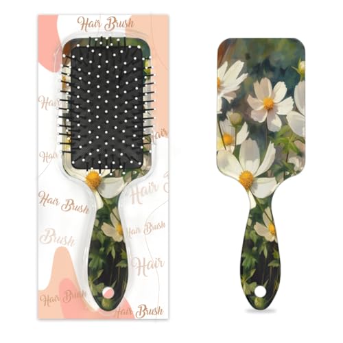 Antistatischer Massage-Haarkamm, Luftkissen, Haarbürste, rustikale Blüte, Aquarell, weißes Gänseblümchen, Blumenmuster, Bauernhaus, quadratische Kopfhaut-Massagebürste für Damen und Mädchen von Mexpekil