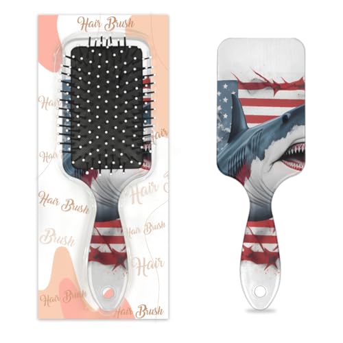 Antistatischer Massage-Haarkamm, Luftkissen-Haarbürste, Ozean-Tiere, wilder Hai, amerikanische Flagge, quadratische Kopfhaut-Massagebürste für Frauen und Mädchen von Mexpekil