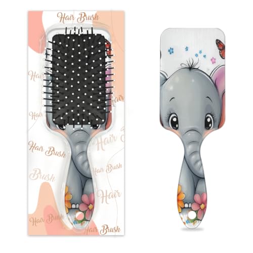 Antistatischer Massage-Haarkamm, Luftkissen-Haarbürste, niedlicher Elefant mit Blumen, niedliches Tiermuster, quadratische Kopfhaut-Massagebürste für Frauen und Mädchen von Mexpekil