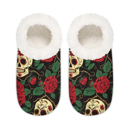 Day Of The Dead Sugar Skull Hausschuhe für Damen und Herren, Rose Skull Memory Foam Hausschuhe Socken, multi, 37.5/38.5 EU Weit von Mexpekil
