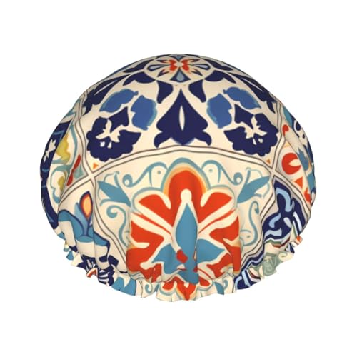 Doppelschichtige Duschhaube, wiederverwendbar, wasserdicht, Bohemian-Damast-Blumen-Duschhaube, Duschhauben für Frauen von Mexpekil