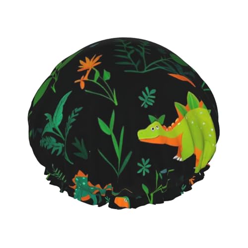 Doppelschichtige Duschhaube, wiederverwendbar, wasserdicht, Dschungel-Cartoon-Dinosaurier-Duschhaube, für Frauen von Mexpekil