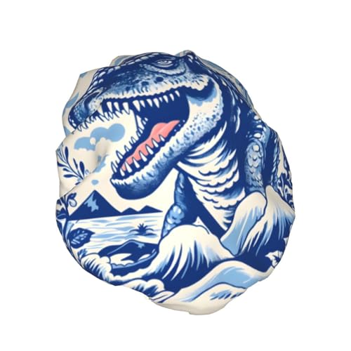 Doppelschichtige Duschhaube, wiederverwendbar, wasserdicht, blaue Dinosaurier-Duschhaube, für Damen von Mexpekil