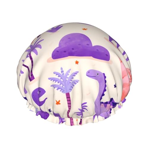 Doppelschichtige Duschhaube, wiederverwendbar, wasserdicht, violett, Dinosaurier-Duschhaube, für Damen von Mexpekil