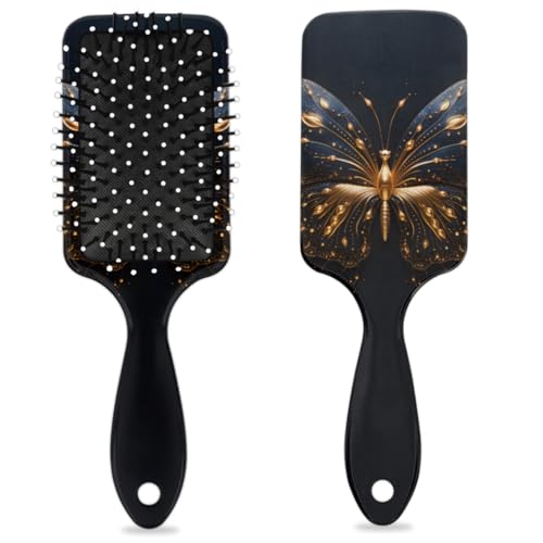 Entwirrende Haarbürste für Damen und Herren, flexible weiche Borsten, Paddelbürste (schwarz-goldener Schmetterlings-Aufdruck) von Mexpekil