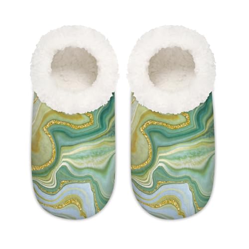 Gold und Grün Marmor Flüssige Hausschuhe für Damen und Herren, Memory-Schaum, rutschfeste Hausschuhe, Socken, multi, 37.5/38.5 EU Weit von Mexpekil