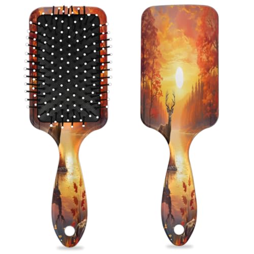 Haarbürste mit Sonnenuntergang und Fluss mit Hirsch, Herbst-Hirsch, nasses, trockenes Luftkissen, Haarbürste aus Kunststoff, Entwirrer-Haarbürste für Kinder und Erwachsene, Geschenk für Damen und von Mexpekil