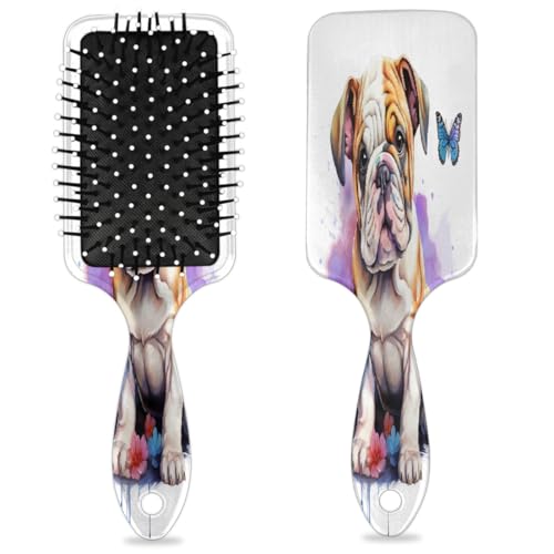 Haarbürste mit niedlicher Bulldogge, Schmetterling, Aquarell, Welpe, nasses, trockenes Luftkissen, Haarbürste, Kunststoff, Entwirrer, Haarbürste für Kinder und Erwachsene, Geschenk für Damen und von Mexpekil