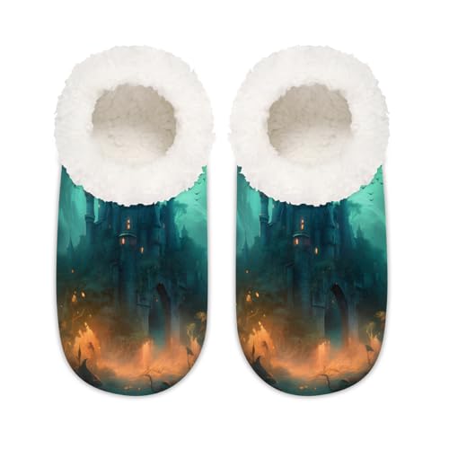 Halloween-Hausschuhe mit Fledermaus-Waldhaus für Damen und Herren, Memory-Schaum, rutschfeste Hausschuh-Socken, multi, 37.5/38.5 EU Weit von Mexpekil
