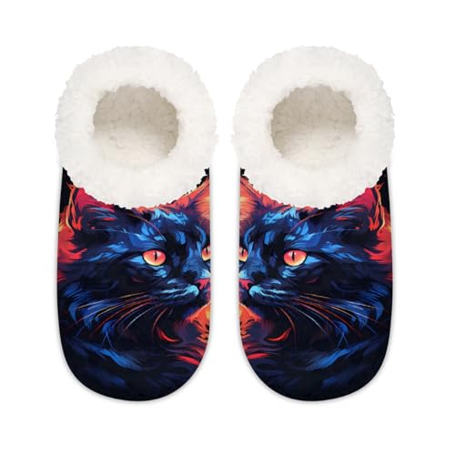 Hausschuhe mit abstraktem Katzen- und Tiermuster, für Damen und Herren, Memory-Schaum, rutschfeste Hausschuh-Socken, multi, 37.5/38.5 EU Weit von Mexpekil