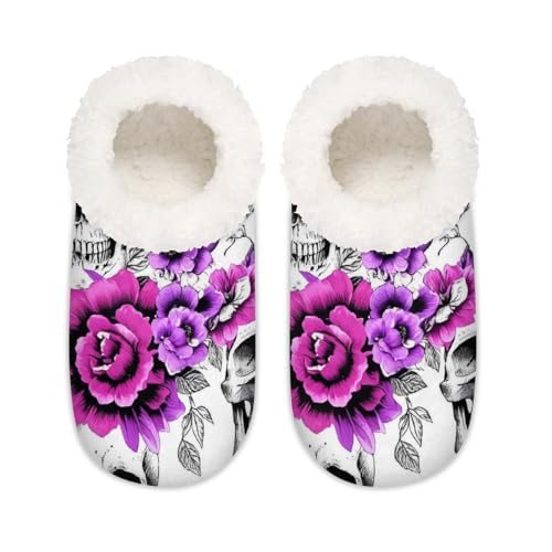 Hausschuhe mit floralem Totenkopf-Design für Damen und Herren, Blumen, Totenkopf, Memory-Schaum, rutschfeste Hausschuh-Socken, multi, 37.5/38.5 EU Weit von Mexpekil