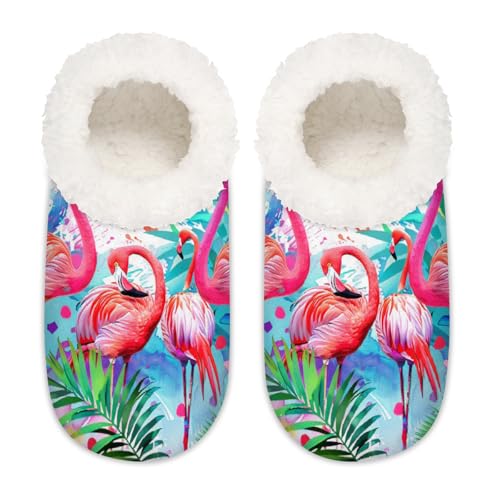 Hausschuhe mit tropischen Flamingos, für Damen und Herren, Flamingo-Palme, Memory-Schaum, Hausschuhe, Hausschuhe, Socken, multi, 37.5/38.5 EU Weit von Mexpekil