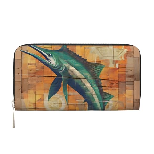 Herren-Geldbörse aus PU-Leder mit Münzfach und Reißverschluss (Holzkunst-Schwertfisch), Schwarz , Einheitsgröße, Modern von Mexpekil