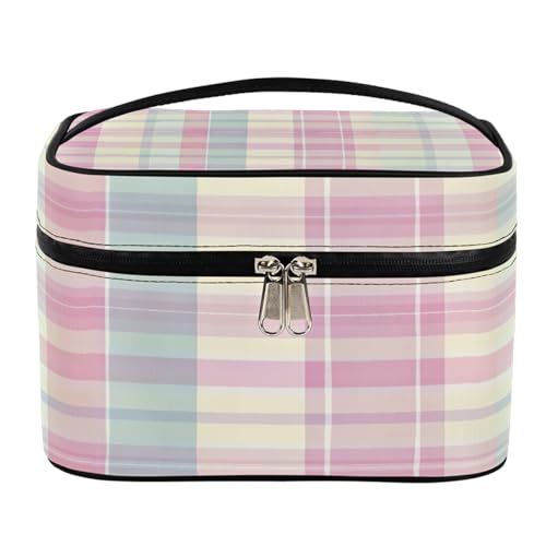 Make-up-Tasche, Rosa, Grün, Gelb, Gittermuster, große Kapazität, Reise-Kulturbeutel für Damen, mit Griff und elastischem festem Seil, tragbarer Make-up-Taschen-Organizer, Gittermuster in Rosa, Grün, Make-up-Tasche, Rosa, Grün, Gelb, Gittermuster, große Kapazität, Reise-Kulturbeutel für Damen, mit Griff und elastischem festem Seil, tragbarer Make-up-Taschen-Organizer, Gittermuster in Rosa, Grün, von Mexpekil