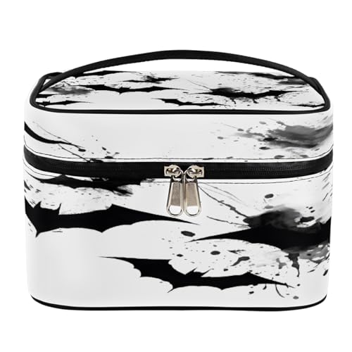 Make-up-Tasche, Schwarz-Weiß, Aquarell-Fledermaus, große Kapazität, Reise-Kulturbeutel für Damen, mit Griff und elastischem festem Seil, tragbarer Make-up-Taschen-Organizer, Schwarz-weißer von Mexpekil