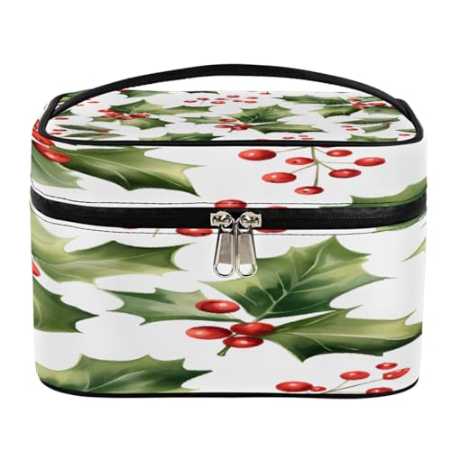Make-up-Tasche, Weihnachten, Stechpalmenblatt, große Kapazität, Reise-Kulturbeutel für Damen, mit Griff und elastischem festem Seil, tragbare Make-up-Tasche, Weihnachts-Stechpalmenblatt, von Mexpekil