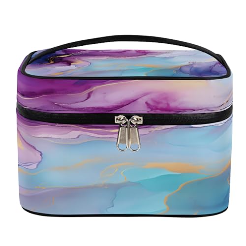 Make-up-Tasche, blauer flüssiger Marmor, große Kapazität, Reise-Kulturbeutel für Damen, mit Griff und elastischem festem Seil, tragbarer Make-up-Taschen-Organizer, Blauer flüssiger Marmor, von Mexpekil