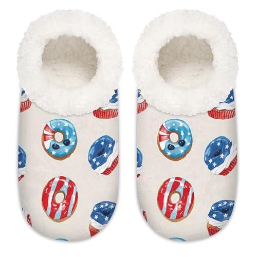 Mexpekil 4. Juli Donuts Cupcakes Muster Damen Hausschuhe Fuzzy House Slipper rutschfeste Schuhe für Damen Herren Damen, 4. Juli Donuts-Cupcake-Muster, Large X-Large von Mexpekil