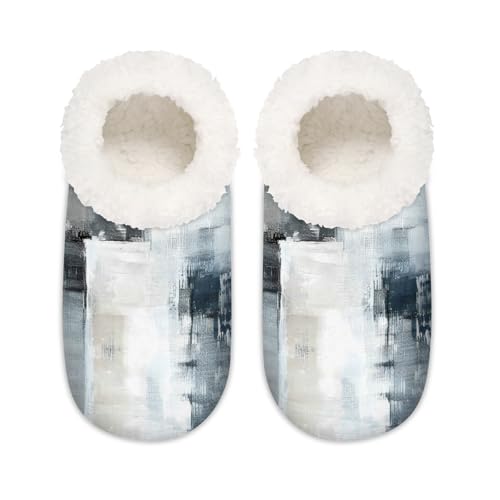 Mexpekil Abstrakte blau-graue Kunst-Gemalte Damen-Hausschuhe, flauschige Hausschuhe, rutschfeste Schuhe für Damen, Herren, Abstrakte blaugraue Kunst, XX-Large Breit von Mexpekil