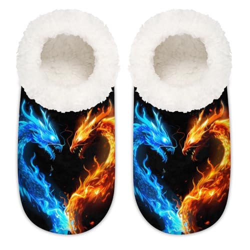 Mexpekil Abstrakte rote und orangefarbene Feuer-Drachen-Hausschuhe für Damen, flauschige Hausschuhe, rutschfeste Schuhe für Damen und Herren, Abstrakter rot-orangefarbener Feuerdrache, Large X-Large von Mexpekil
